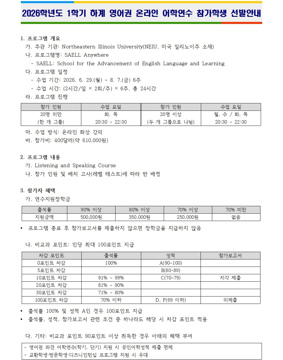 2026학년도 1학기 하계 영어권 온라인 어학연수 참가학생 선발안내  1. 프로그램 개요 가. 주관 기관: Northeastern Illinois University(NEIU, 미국 일리노이주 소재) 나. 프로그램명: SAELL Anywhere - SAELL: School for the Advancement of English Language and Learning  다. 프로그램 일정 - 수업 기간: 2026. 6. 29.(월) ~ 8. 7.(금) 6주 - 수업 시간: (2시간/일 &times; 2회/주) &times; 6주, 총 24시간  라. 프로그램 진행 참가 인원 수업 요일 참가 인원 수업 요일  20명 미만 (한 개 그룹) 화, 목 20:30 ~ 22:30 20명 이상 (두 개 그룹으로 나뉨) 월, 수 / 화, 목 20:30 ~ 22:30  마. 수업 방식: 온라인 화상 강의 바. 참가비: 400달러(약 610,000원)  2. 프로그램 내용 가. Listening and Speaking Course 나. 참가 인원 및 배치 고사(레벨 테스트)에 따라 반 배정  3. 참가자 혜택 가. 연수지원장학금 출석률 90% 이상 80% 이상 70% 이상 70% 미만 : : : : 지원금액 500,000원 350,000원 250,000원 없음 프로그램 종료 후 참가보고서를 제출하지 않으면 장학금을 지급하지 않음  나. 비교과 포인트: 인당 최대 100포인트 지급 차감 포인트 출석률 성적 참가보고서  0포인트 차감 100% A(90~100) 5포인트 차감 B(80~89) 10포인트 차감 91% ~ 99% C(70~79) 지각 제출 20포인트 차감 81% ~ 90% 30포인트 차감 71% ~ 80% 100포인트 차감 70% 이하 D, F(69 이하) 미제출 출석률 100% 및 성적 A인 경우 100포인트 지급 출석률, 성적, 참가보고서 관련 조건 중 하나라도 해당 시 차감 포인트 적용  다. 기타: 비교과 포인트 90포인트 이상 취득한 경우 아래의 혜택 부여 - 영어권 파견 어학연수(학기, 단기) 지원 시 공인어학성적 제출 면제 - 교환학생&middot;방문학생&middot;디즈니인턴십 프로그램 지원 시 우대